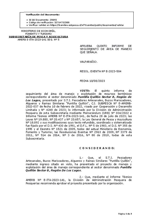 RESOL. EXENTA Nº E-2023-504 Aprueba 5° Seguimiento. (Publicado en Página Web 14-08-2023)