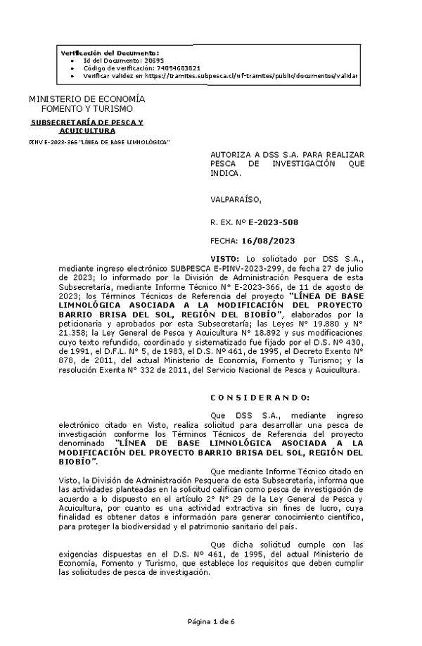 R. EX. Nº E-2023-508 AUTORIZA A DSS S.A. PARA REALIZAR PESCA DE INVESTIGACIÓN QUE INDICA. (Publicado en Página Web 17-08-2023)