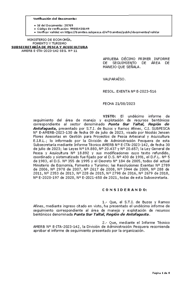 RESOL. EXENTA Nº E-2023-516 Aprueba 11° seguimiento. (Publicado en Página Web 21-08-2023)