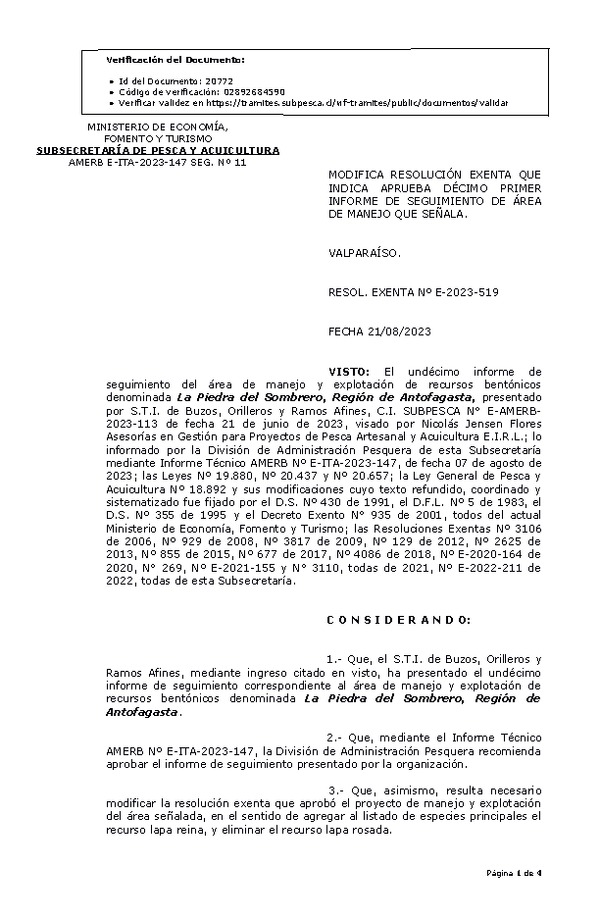 RESOL. EXENTA Nº E-2023-519 Modifica resolución que indica, Aprueba 11° seguimiento. (Publicado en Página Web 21-08-2023)