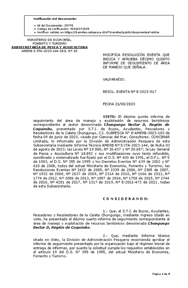 RESOL. EXENTA Nº E-2023-517 Aprueba 15° Seguimiento. (Publicado en Página Web 21-08-2023)