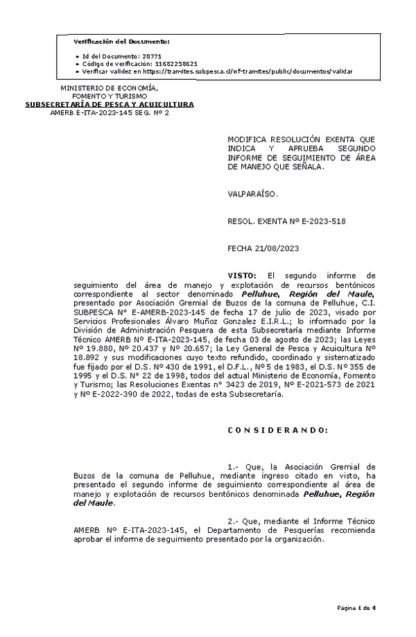 RESOL. EXENTA Nº E-2023-518 Modifica resolución que indica, Aprueba 2° Seguimiento. (Publicado en Página Web 21-08-2023)