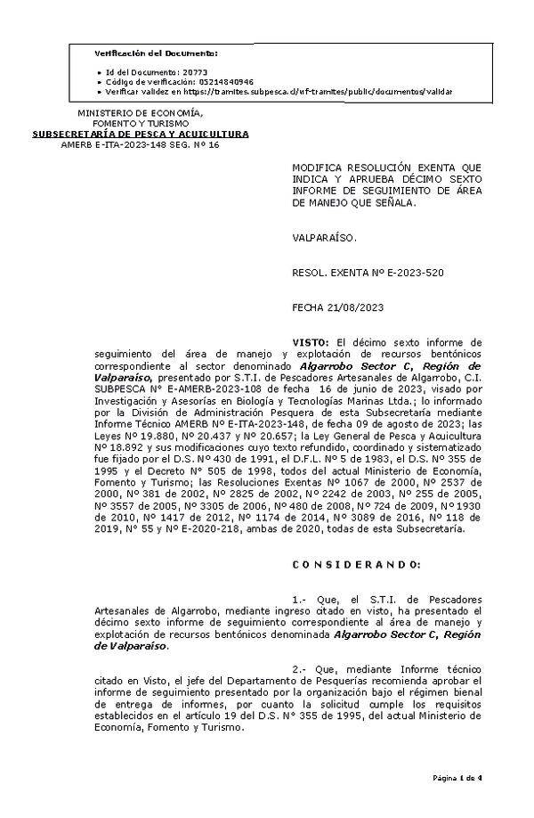 RESOL. EXENTA Nº E-2023-520 Modifica resolución que indica, Aprueba 16° Seguimiento. (Publicado en Página Web 21-08-2023)