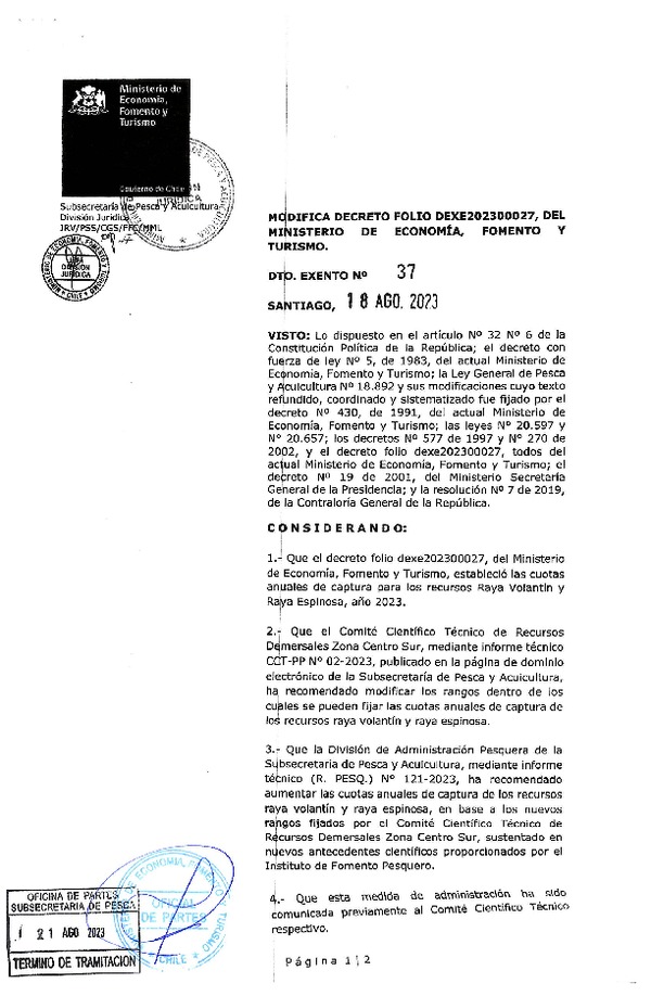 Dec. Ex. N° 37-2023 Modifica Dec. Ex. Folio N° 202300027 Establece Cuotas Anuales de Captura para los Recursos Raya Volantín y Raya Espinosa Año 2023. (Publicado en Página Web 21-08-2023)