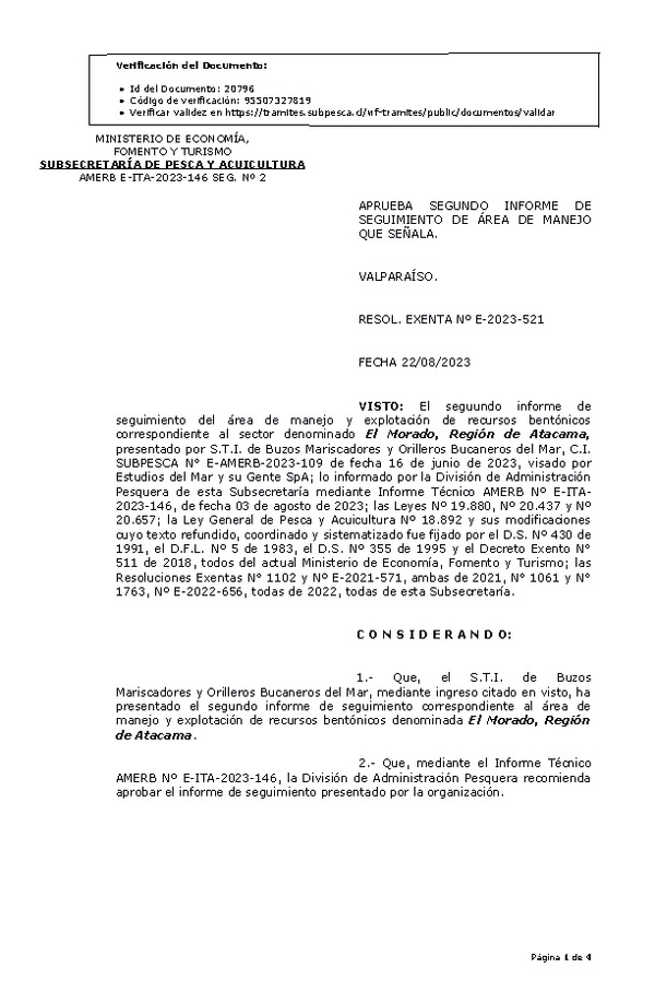 RESOL. EXENTA Nº E-2023-521 Aprueba 2° Seguimiento. (Publicado en Página Web 23-08-2023)