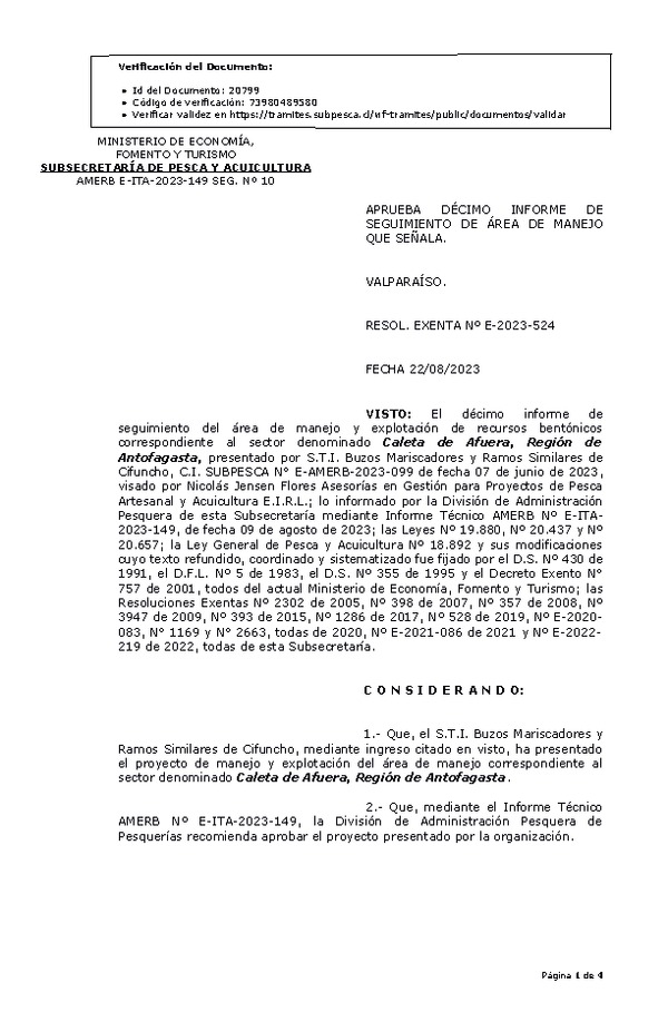 RESOL. EXENTA Nº E-2023-524 Aprueba 10° Seguimiento. (Publicado en Página Web 23-08-2023)