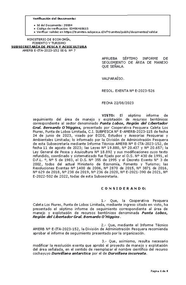 RESOL. EXENTA Nº E-2023-526 Aprueba 7° Seguimiento. (Publicado en Página Web 23-08-2023)