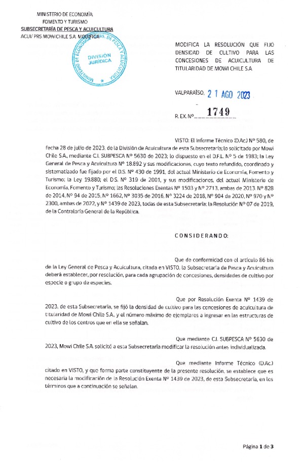 Res. Ex. N° 1749-2023 Modifica Res. Ex. N° 1439-2023 Fija densidad de cultivo para las concesiones de titularidad de Mowi Chile S.A. (Publicado en Página Web 23-08-2023)