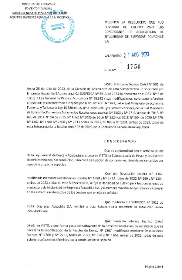 Res. Ex. N° 1367-2022 Modifica Res. Ex. N° 1367-2022 Fija densidad de cultivo para las concesiones de titularidad de empresas Aquachile S.A. Aprueba programa de manejo que indica. (Con Informe Técnico) (Publicado en Página Web 24-08-2023)