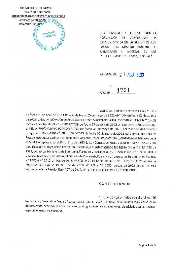 Res. Ex. N° 1751-2023 Fija densidad de cultivo para la agrupación de concesiones de salmónidos 14 en la Región de Los Lagos. (Con Informe Técnico) (Publicado en Página Web 25-08-2023)