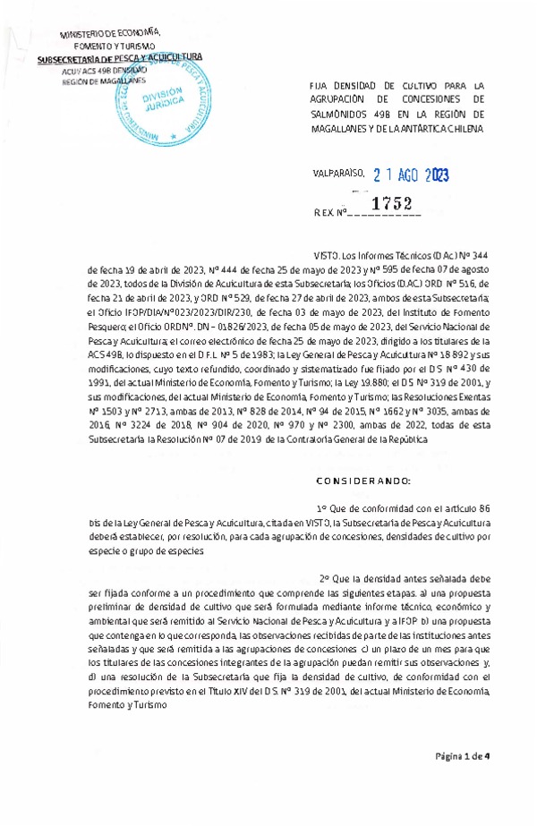 Res. Ex. N° 1752-2023 Fija densidad de cultivo para la agrupación de concesiones de salmónidos 49B en la Región de Magallanes y de La Antártica Chilena. (Con Informe Técnico) (Publicado en Página Web 25-08-2023)