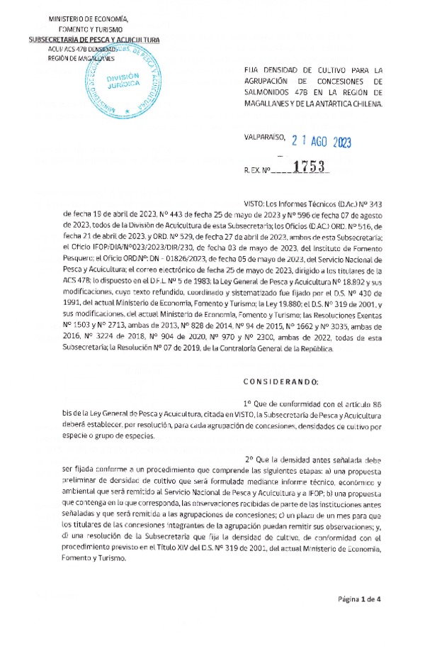 Res. Ex. N° 1753-2023 Fija densidad de cultivo para la agrupación de concesiones de salmónidos 47B en la Región de Magallanes y de La Antártica Chilena. (Con Informe Técnico) (Publicado en Página Web 25-08-2023)