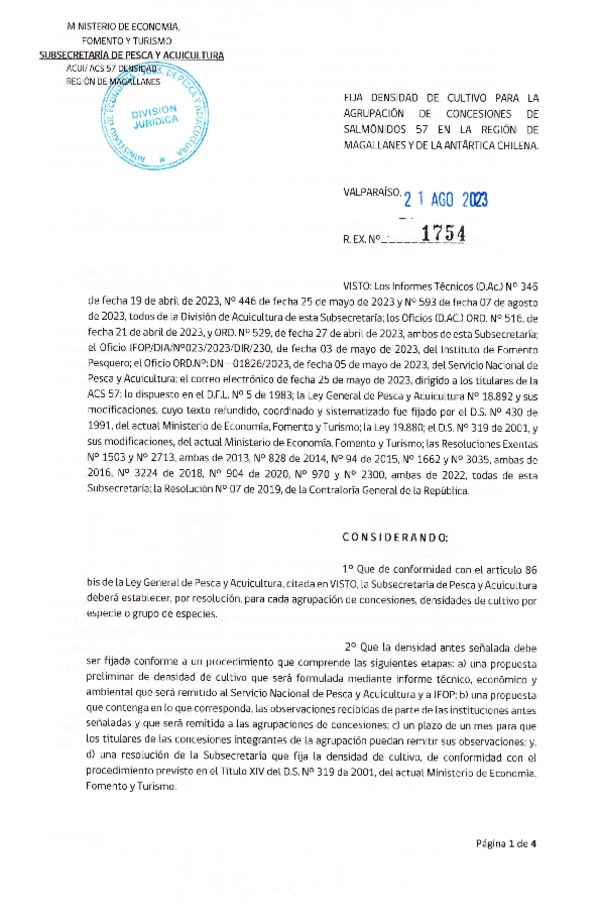 Res. Ex. N° 1754-2023 Fija densidad de cultivo para la agrupación de concesiones de salmónidos 57 en la Región de Magallanes y de La Antártica Chilena. (Con Informe Técnico) (Publicado en Página Web 25-08-2023)