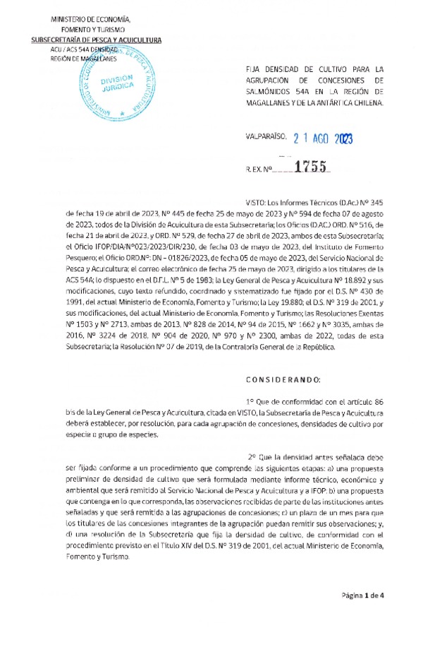 Res. Ex. N° 1755-2023 Fija densidad de cultivo para la agrupación de concesiones de salmónidos 54A en la Región de Magallanes y de La Antártica Chilena. (Con Informe Técnico) (Publicado en Página Web 25-08-2023)