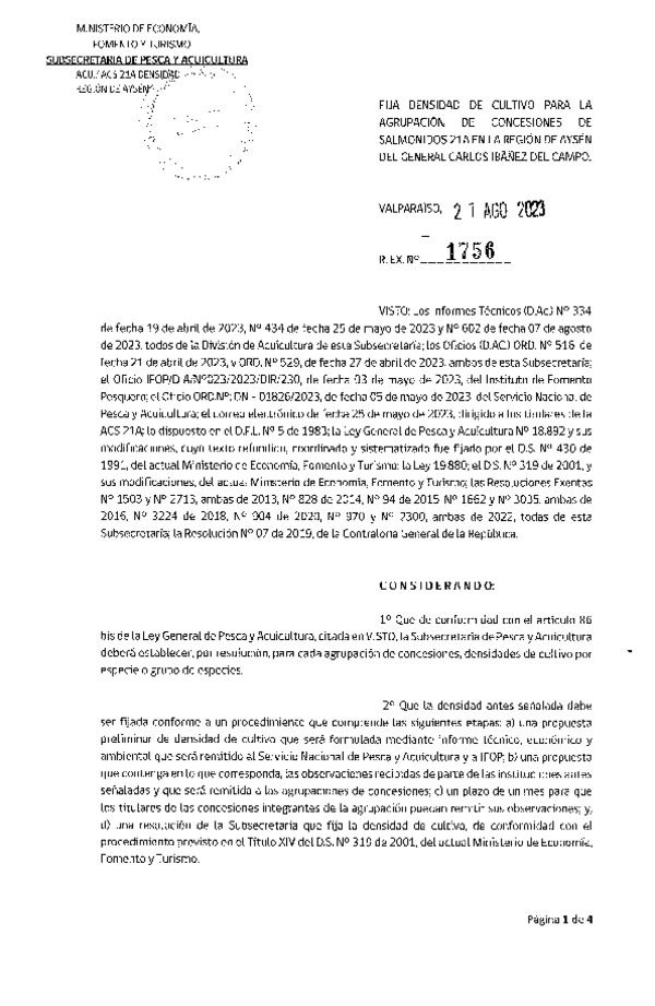 Res. Ex. N° 1756-2023 Fija densidad de cultivo para la agrupación de concesiones de salmónidos 21A en la Región de Aysén del General Carlos Ibáñez del Campo. (Con Informe Técnico) (ublicado en Página Web 25-08-2023)