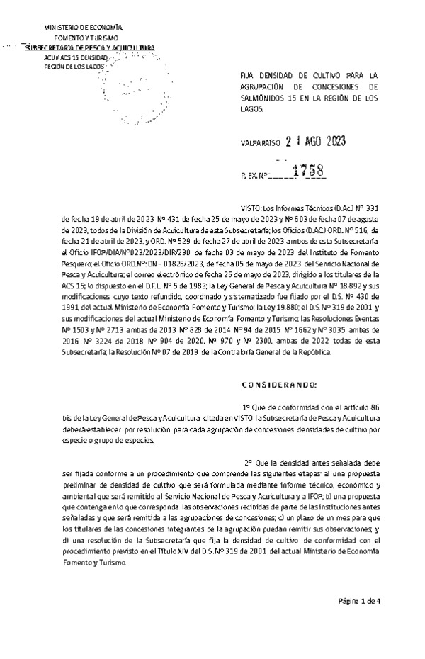 Res. Ex. N° 1758-2023 Fija densidad de cultivo para la agrupación de concesiones de salmónidos 15 en la Región de Los Lagos. (Con Informe Técnico) (ublicado en Página Web 25-08-2023)