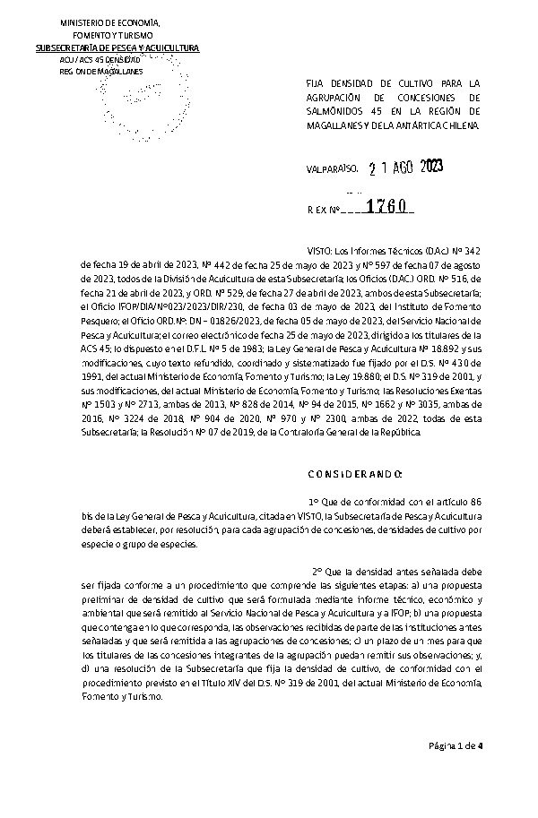 Res. Ex. N° 1760-2023 Fija densidad de cultivo para la agrupación de concesiones de salmónidos 45 en la Región de Magallanes y de La Antártica Chilena. (Con Informe Técnico) (Publicado en Página Web 25-08-2023)