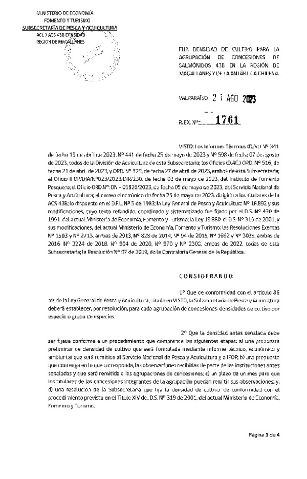 Res. Ex. N° 1761-2023 Fija densidad de cultivo para la agrupación de concesiones de salmónidos 43B en la Región de Magallanes y de La Antártica Chilena. (Con Informe Técnico) (Publicado en Página Web 25-08-2023)