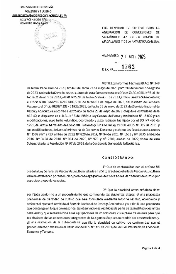 Res. Ex. N° 1762-2023 Fija densidad de cultivo para la agrupación de concesiones de salmónidos 42 en la Región de Magallanes y de La Antártica Chilena. (Con Informe Técnico) (Publicado en Página Web 25-08-2023)