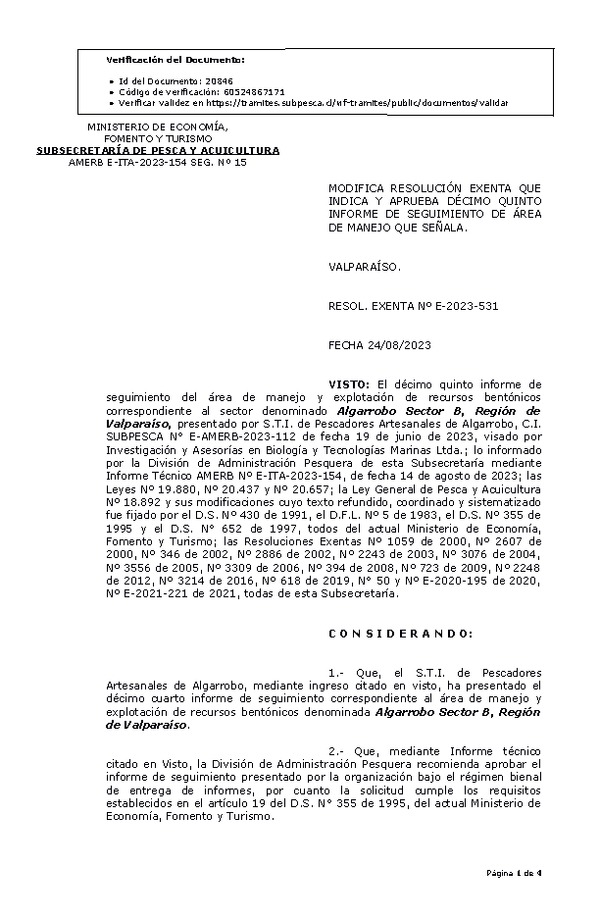 RESOL. EXENTA Nº E-2023-531 Modifica resolución que indica, Aprueba 15° Seguimiento. (Publicado en Página Web 25-08-2023)