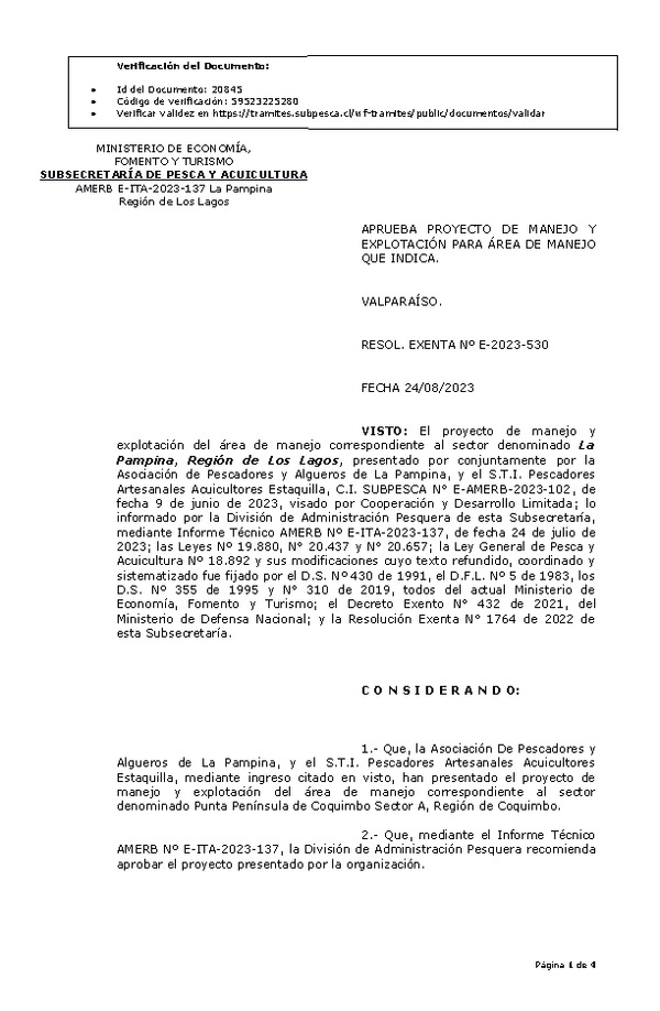 RESOL. EXENTA Nº E-2023-530 Aprueba Plan de manejo. (Publicado en Página Web 25-08-2023)