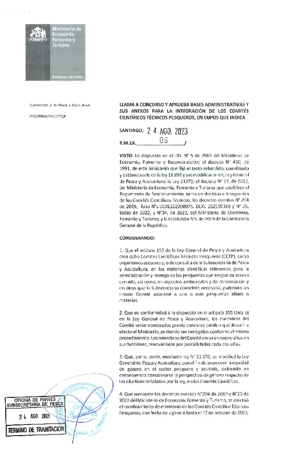 R.M.EX N° 06-2023 Llama a Concurso y Aprueba Bases Administrativas y sus Anexos para la Integración de los Comités Científicos Técnicos Pesqueros, en Cupos que Indica. (Publicado en Página Web 25-08-2023)