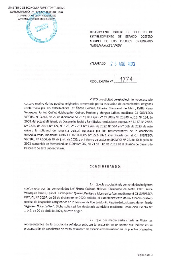 Res. Ex. N° 1774-2023 Desistimiento parcial de solicitud de establecimiento de ECMPO Ngulam Ñuke Lafken. (Publicado en Página Web 28-08-2023)