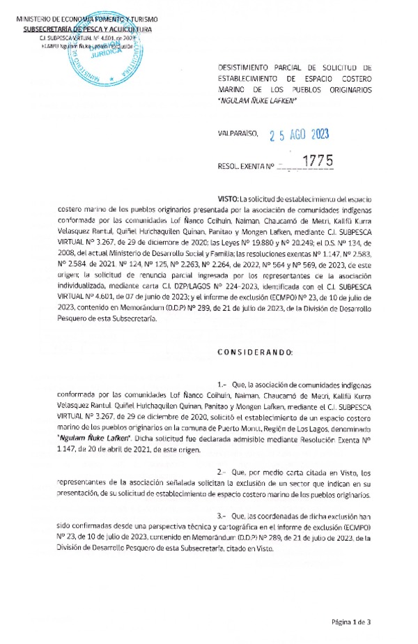 Res. Ex. N° 1775-2023 Desistimiento parcial de solicitud de establecimiento de ECMPO Ngulam Ñuke Lafken. (Publicado en Página Web 28-08-2023)