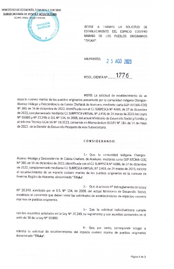 Res. Ex. N° 1776-2023 Acoge a trámite la solicitud de establecimiento de ECMPO Tifuka. (Publicado en Página Web 28-08-2023)