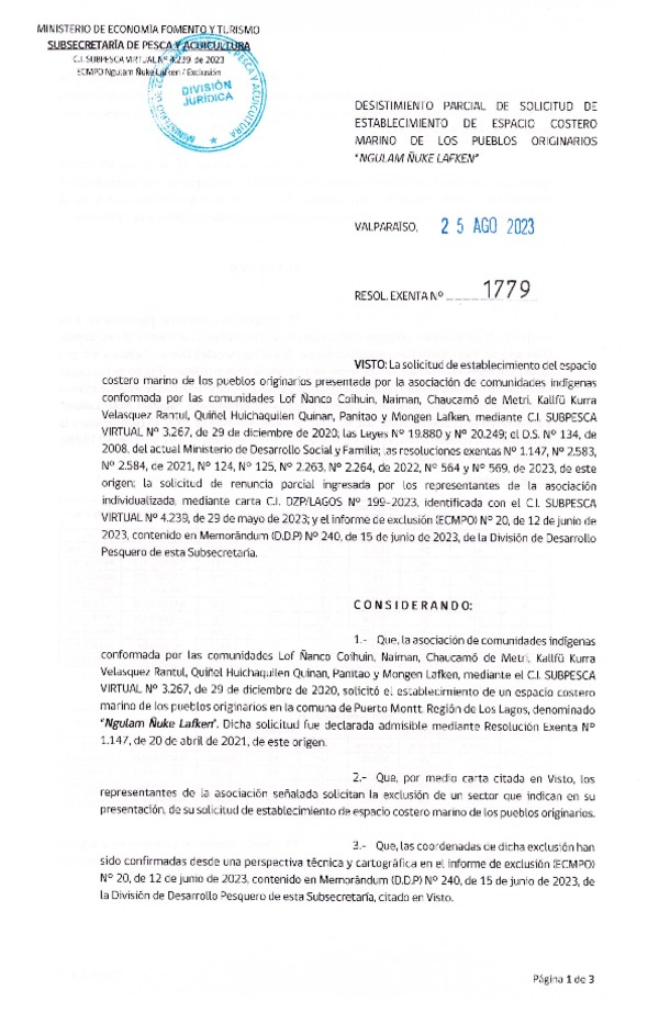 Res. Ex. N° 1779-2023 Desistimiento parcial de solicitud de establecimiento de ECMPO Ngulam Ñuke Lafken. (Publicado en Página Web 28-08-2023)
