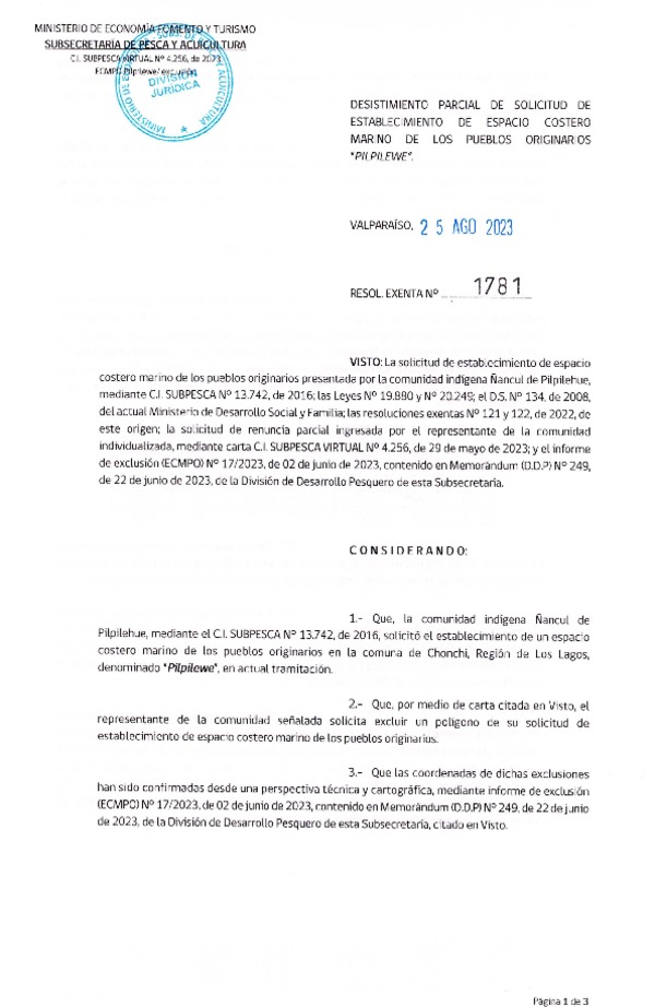 Res. Ex. N° 1781-2023 Desistimiento parcial de solicitud de establecimiento de ECMPO Pilpilewe. (Publicado en Página Web 28-08-2023)
