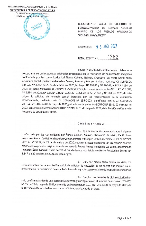 Res. Ex. N° 1782-2023 Desistimiento parcial de solicitud de establecimiento de ECMPO Ngulam Ñuke Lafken. (Publicado en Página Web 28-08-2023)