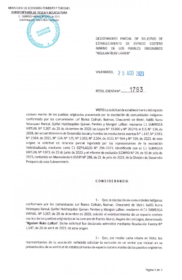 Res. Ex. N° 1783-2023 Desistimiento parcial de solicitud de establecimiento de ECMPO Ngulam Ñuke Lafken. (Publicado en Página Web 28-08-2023)