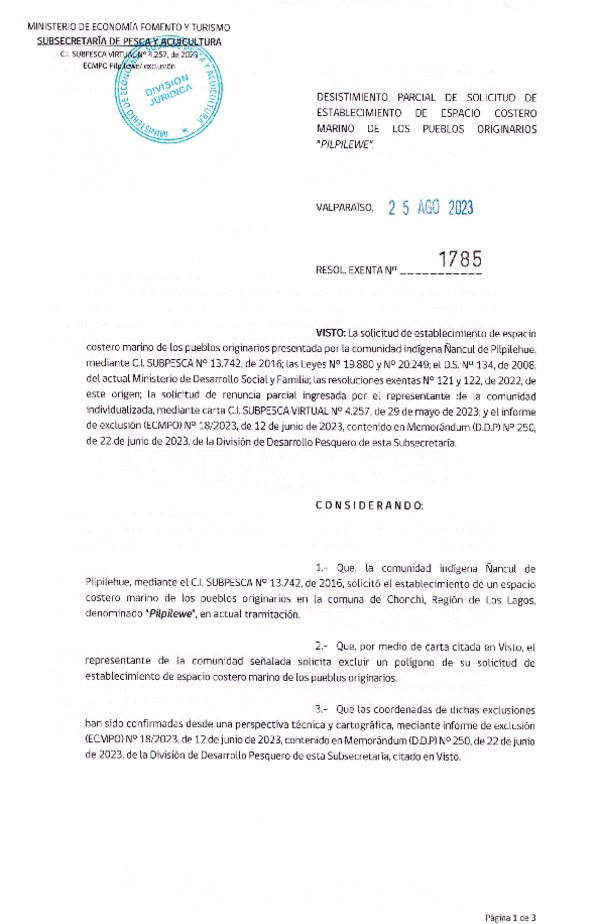 Res. Ex. N° 1785-2023 Desistimiento parcial de solicitud de establecimiento de ECMPO Pilpilewe. (Publicado en Página Web 28-08-2023)