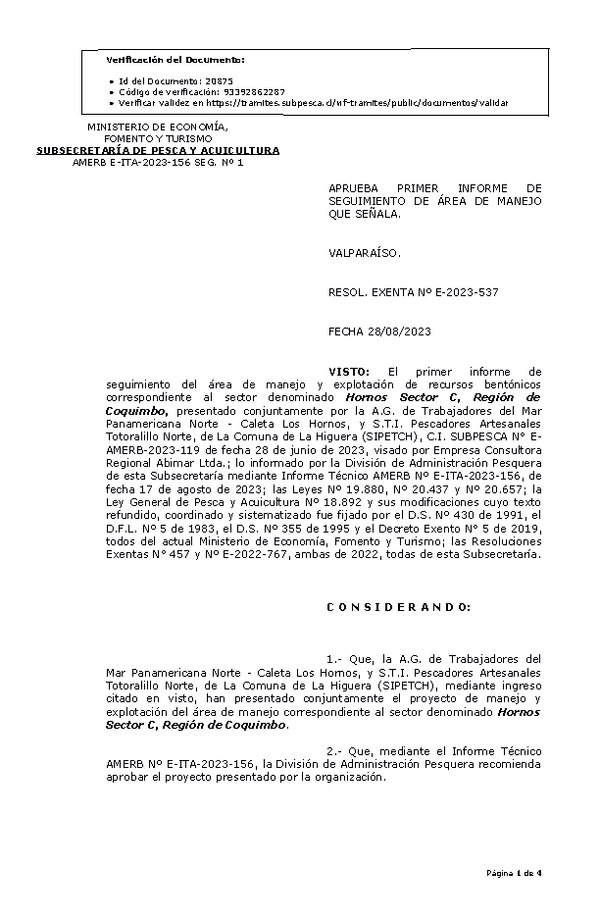 Res. Ex. N° 537-2023 Aprueba 1° seguimiento. (Publicado en Página Web 29-08-2023)