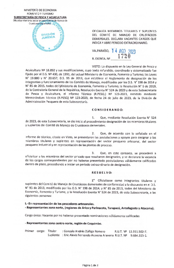 Res. Ex. N° 1720-2023 Oficializa Nominación de Miembros Titulares y Suplentes del Comité De Manejo de Crustáceos Demersales. Declara Vacantes Cargos que Indica. (Publicado en Página Web 29-08-2023)