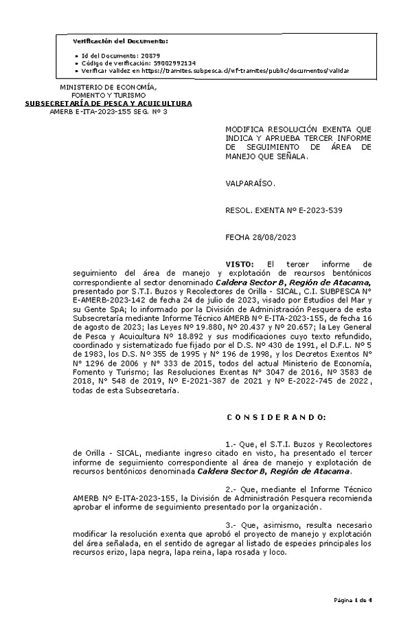 RESOL. EXENTA Nº E-2023-539 Modifica resolución que indica, aprueba 3° Seguimiento. (Publicado en Página Web 30-08-2023)