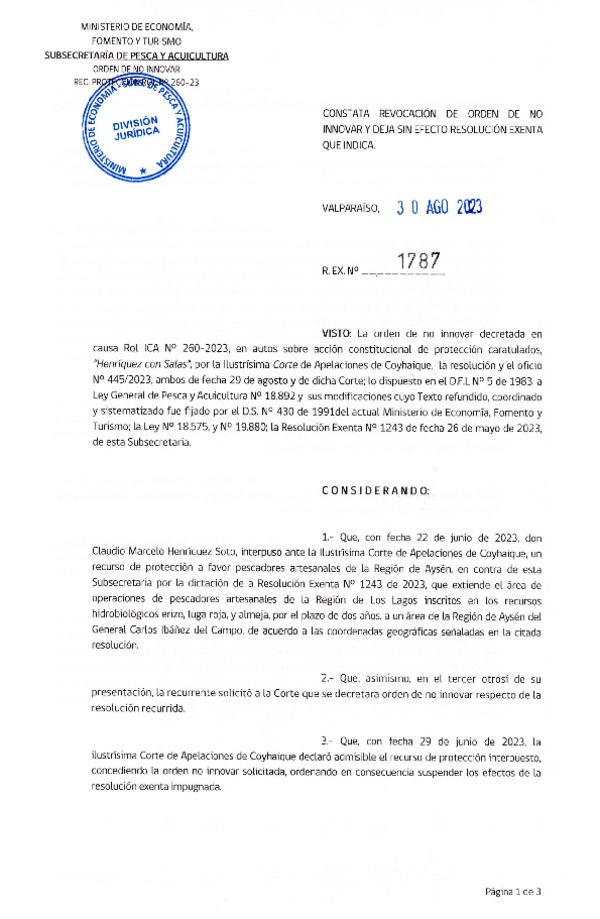 Res. Ex. N° 1787-2023 Constata Revocación de Orden de no Innovar y Deja sin Efecto Resolución que Indica. (Publicado en Página Web 30-08-2023) (F.D.O. 28-09-2023)