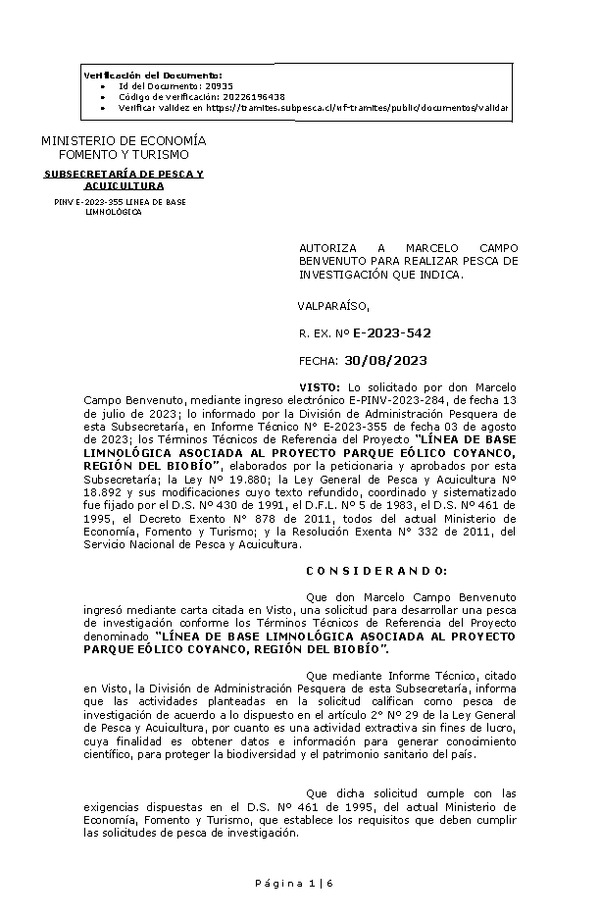 Res. Ex. N° 542-2023 AUTORIZA A MARCELO CAMPO BENVENUTO PARA REALIZAR PESCA DE INVESTIGACIÓN QUE INDICA. (Publicado en Página Web 31-08-2023)