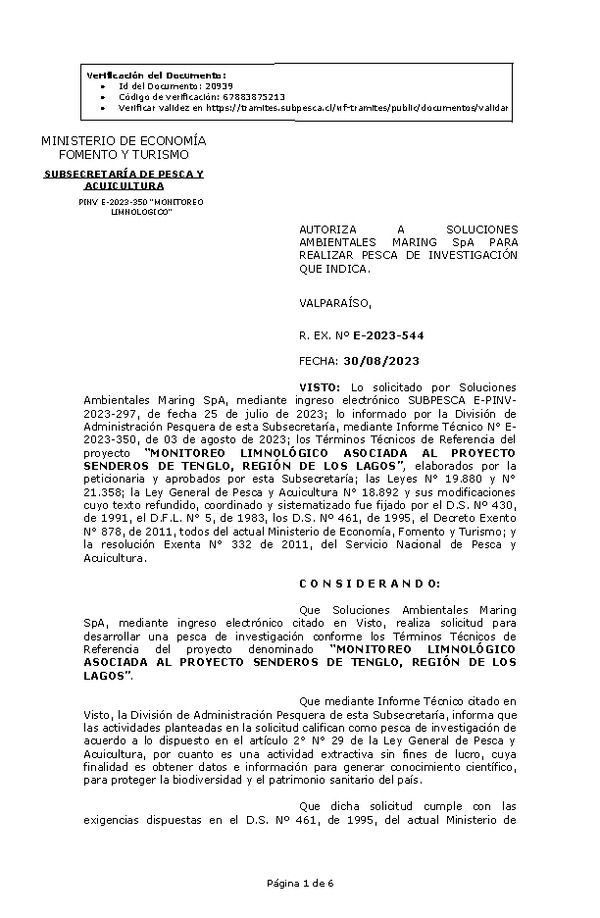 Res. Ex. N° 544-2023 AUTORIZA A SOLUCIONES AMBIENTALES MARING SpA PARA REALIZAR PESCA DE INVESTIGACIÓN QUE INDICA. (Publicado en Página Web 31-08-2023)