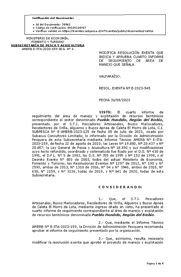 RESOL. EXENTA Nº E-2023-545 Modifica resolución que indica, Aprueba 4° seguimiento. (Publicado en Página Web 31-08-2023)