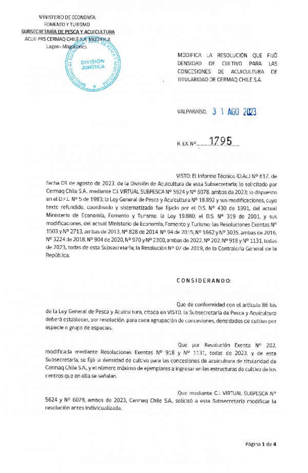 Res. Ex. N° 1795-2023 Modifica Res. Ex. N°202-2023 Fija densidad de cultivo para las concesiones de Acuicultura de Titularidad de Cermaq Chile S.A., Aprueba programa de manejo que indica. (Con Informe Técnico) (Publicado en Página Web 01-09-2023)