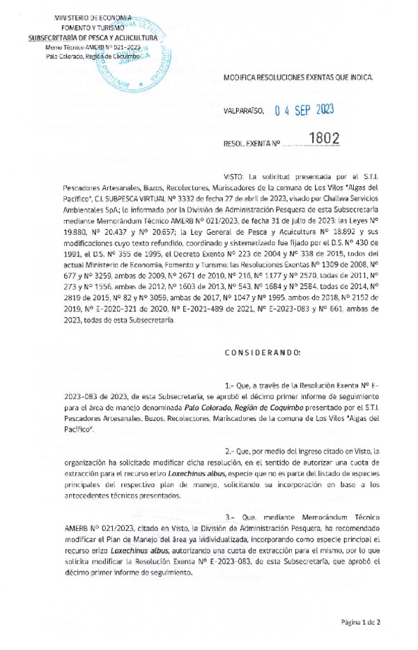 Res. Ex. N° 1802-2023 Modifica resoluciones que indica. (Publicado en Página Web 04-09-2023)