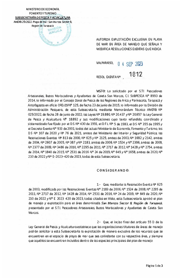 Res. Ex. N° 1812-2023 Autoriza explotación exclusiva en playa de mar y modifica resoluciones que indica. (Publicado en Página Web 04-09-2023)