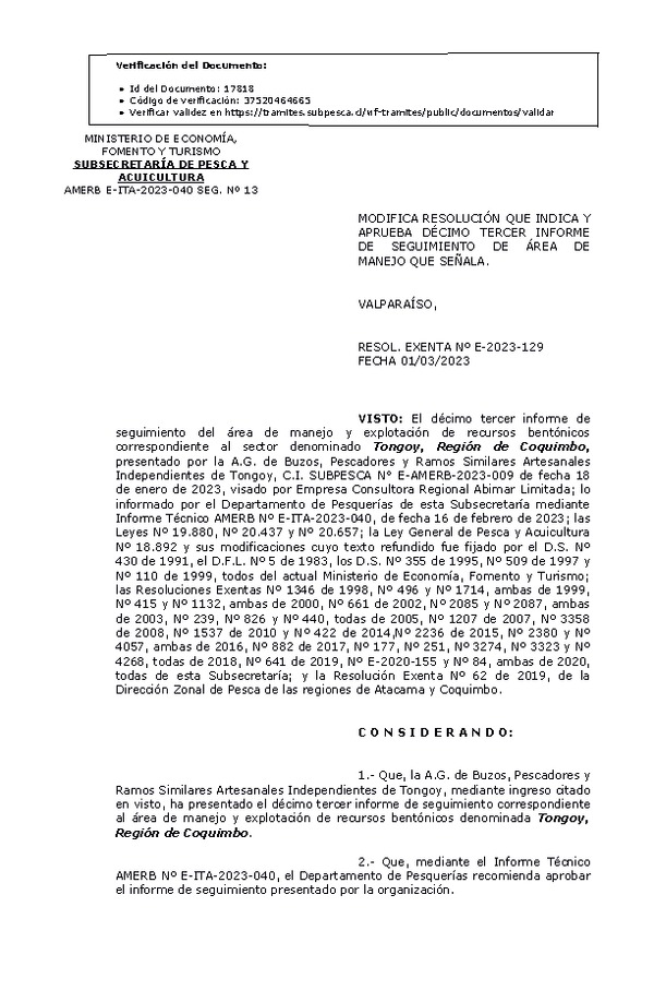 RESOL. EXENTA Nº E-2023-129 Modifica resolución que indica, Aprueba 13° seguimiento. (Publicado en Página Web 04-09-2023)