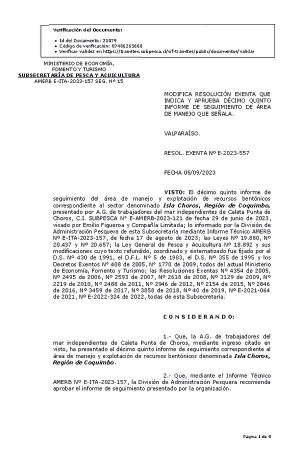 R. EX. N° E-2023-557 Modifica resolución que indica y aprueba 15° seguimiento. (Publicado en Página Web 11-09-2023).