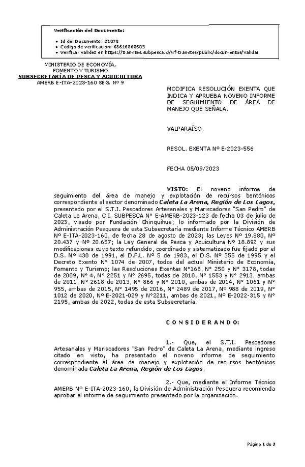 R. EX. N° E-2023-556 Modifica resolución que indica, Aprueba 9° seguimiento. (Publicado en Página Web 11-09-2023).