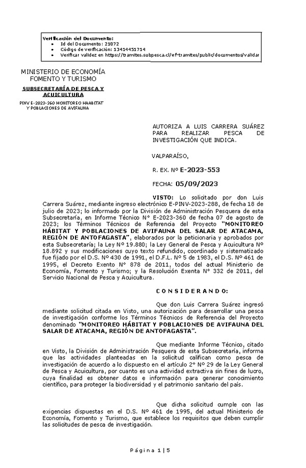 R. EX. Nº E-2023-553 AUTORIZA A LUIS CARRERA SUÁREZ PARA REALIZAR PESCA DE INVESTIGACIÓN QUE INDICA. (Publicado en Página Web 11-09-2023)