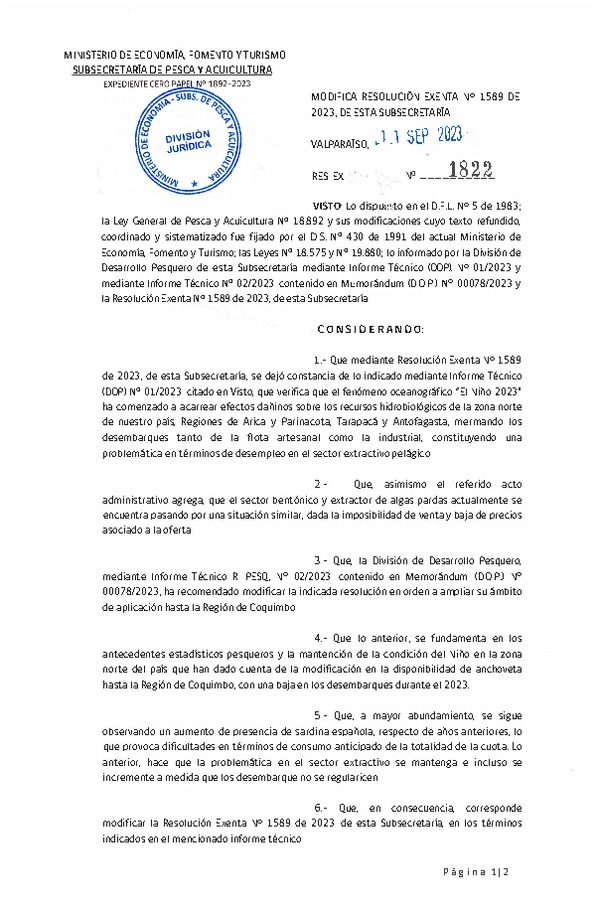 Res. Ex. N° 1822-2023 Modifica Res. Ex. N° 1589-2023 Constata Fenómeno Oceanográfico que Indica. (Publicado en Página Web 11-09-2023)