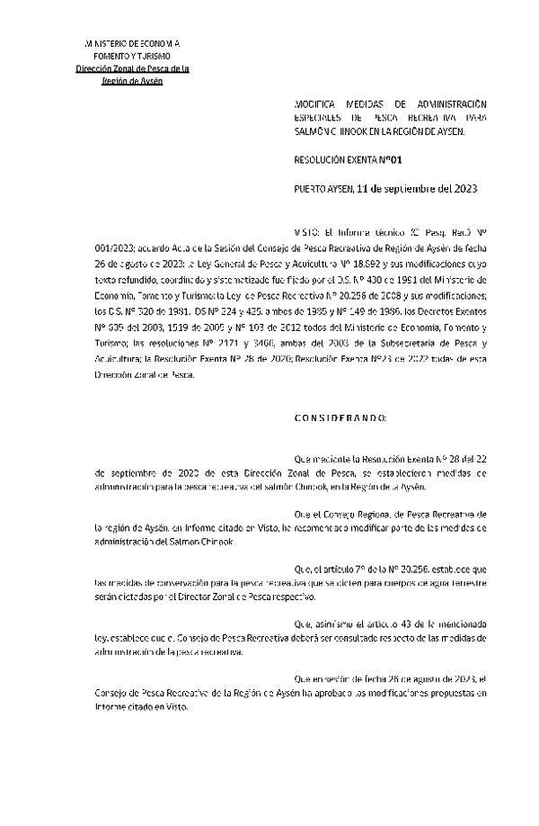 Res. Ex. N° 01-2023 (DZP Aysén) Establece Medidas de Administración para Salmón Chinook en la Región de Aysén. (Publicado en Página Web 12-09-2023)